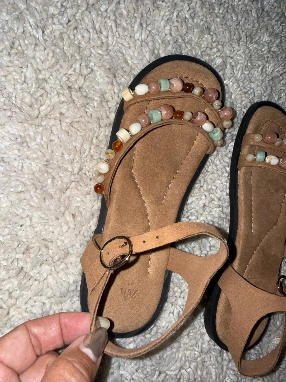 Zara Beaded Brown Girls Sandals - Strappy Slip-On